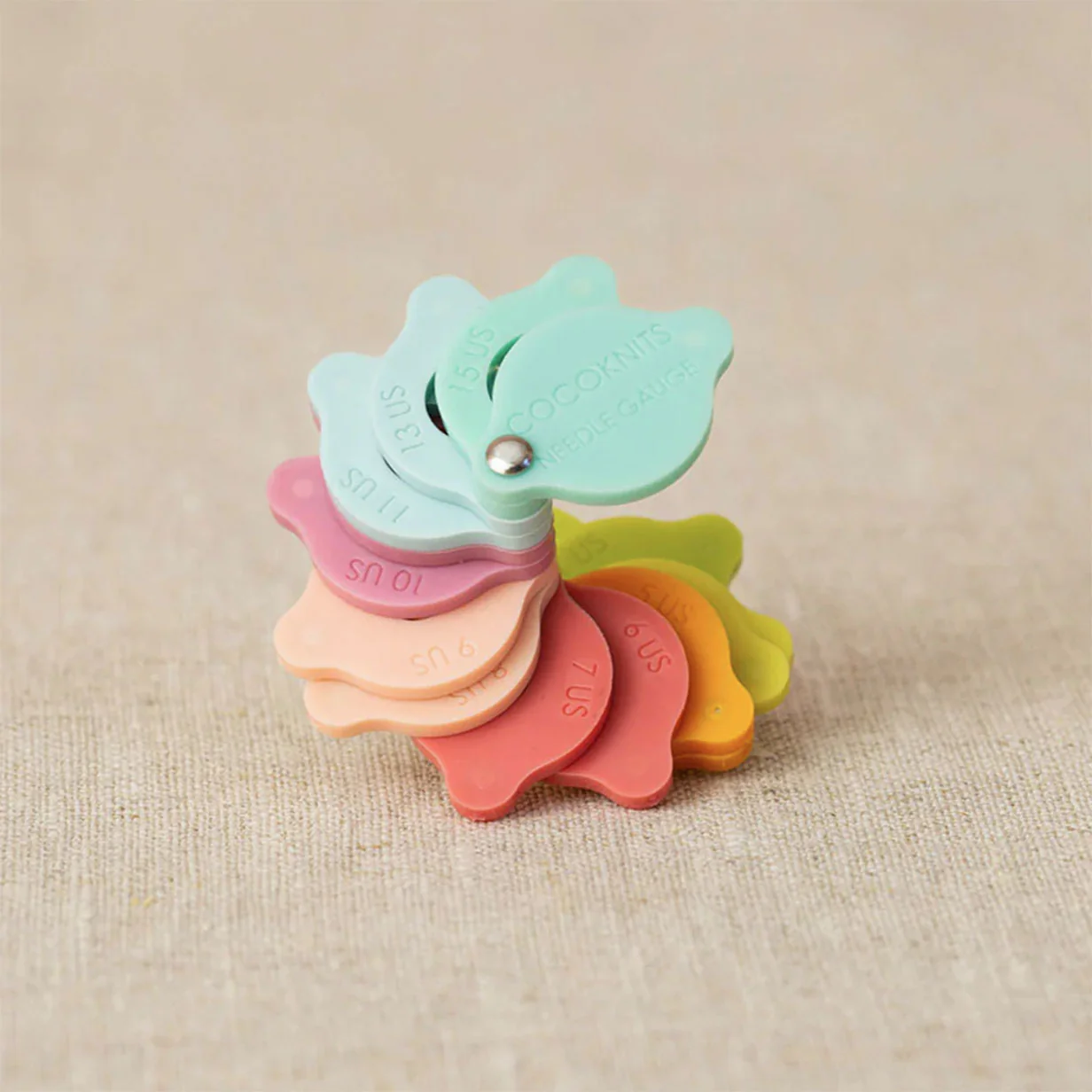 Cocoknits Knitting Needle Gauge | Rainbow Stack of Connected Measuring Discs